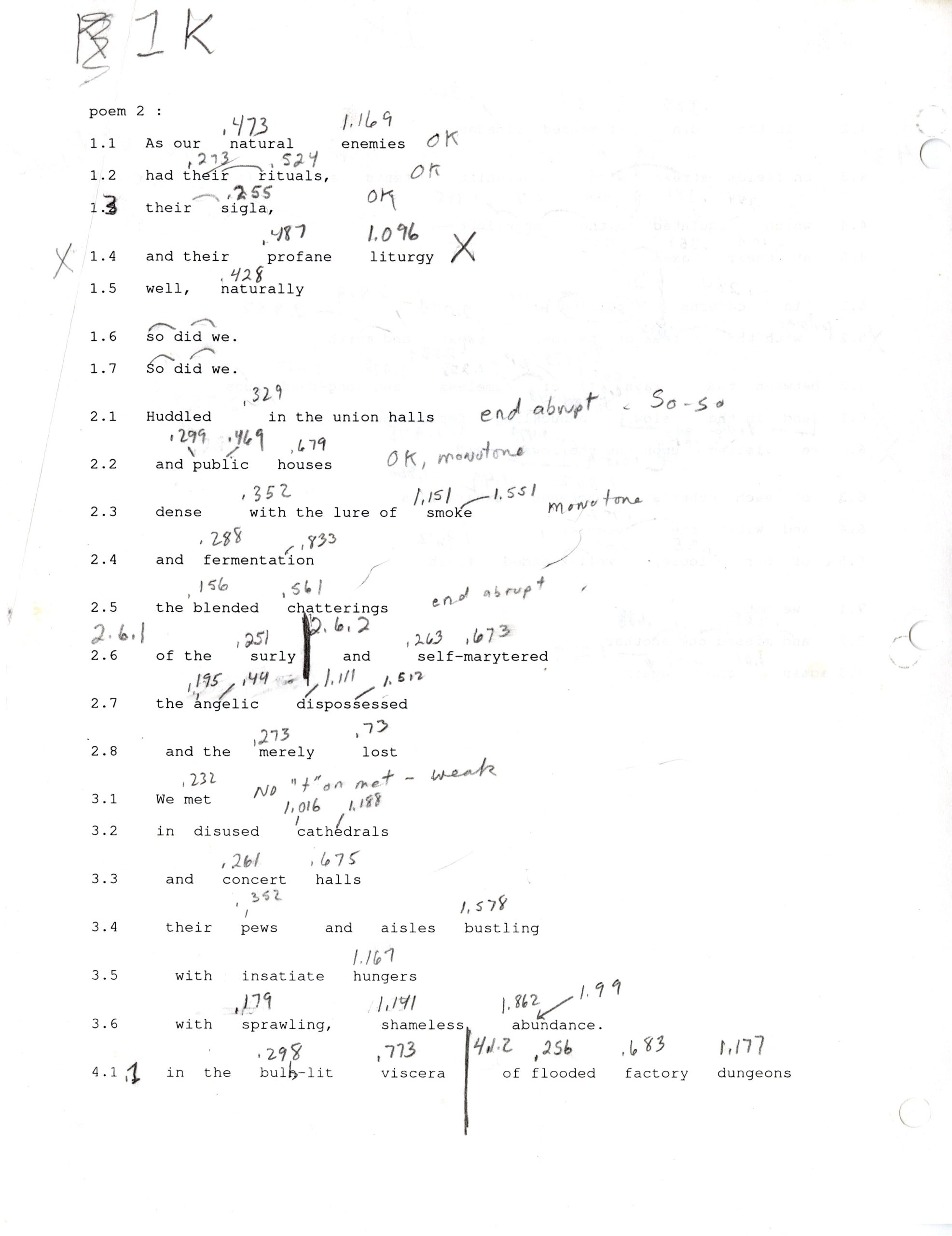 Diaspora, movement 2, text with pencil notes on timing, page 1