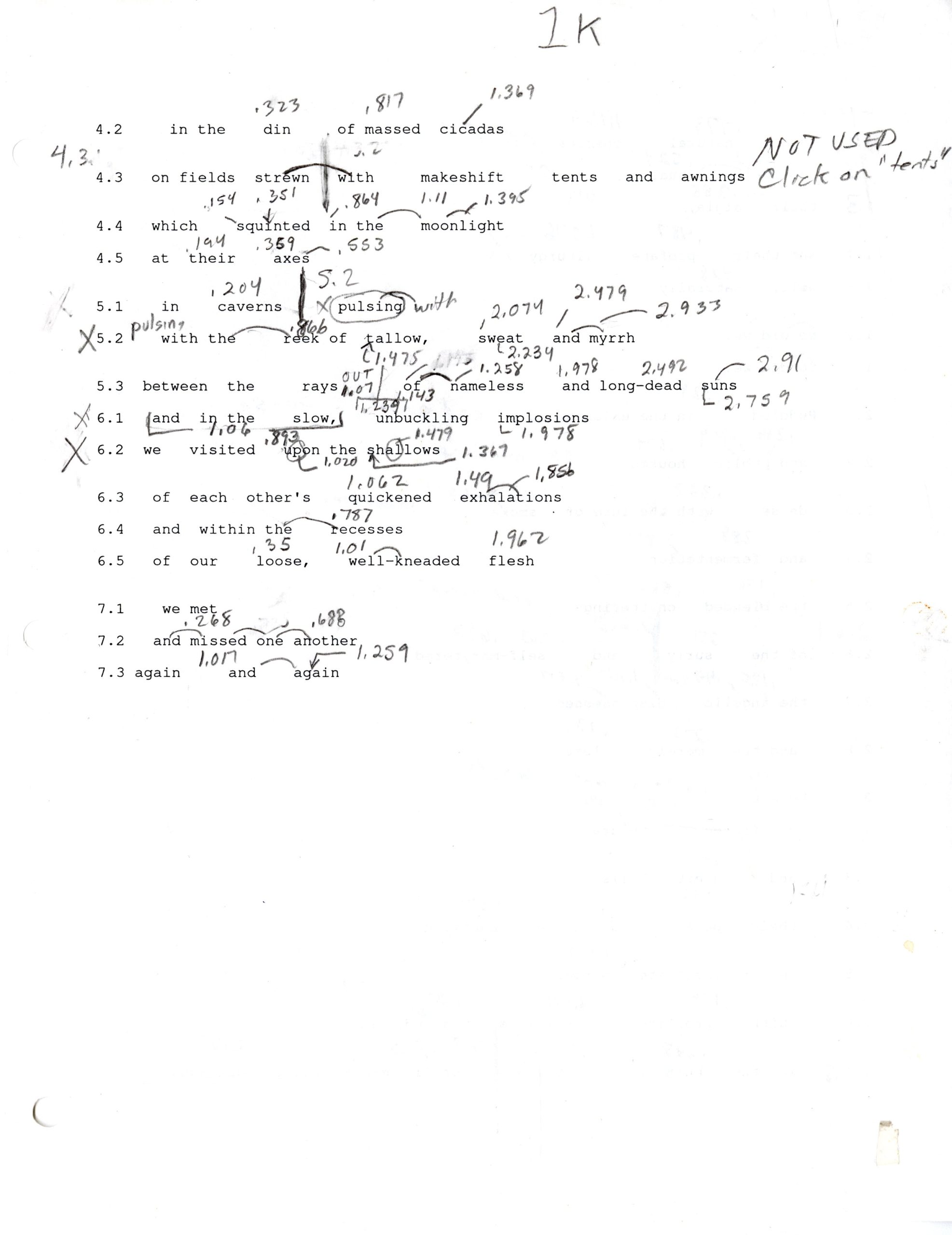 Diaspora, movement 2, text with pencil notes on timing, page 2