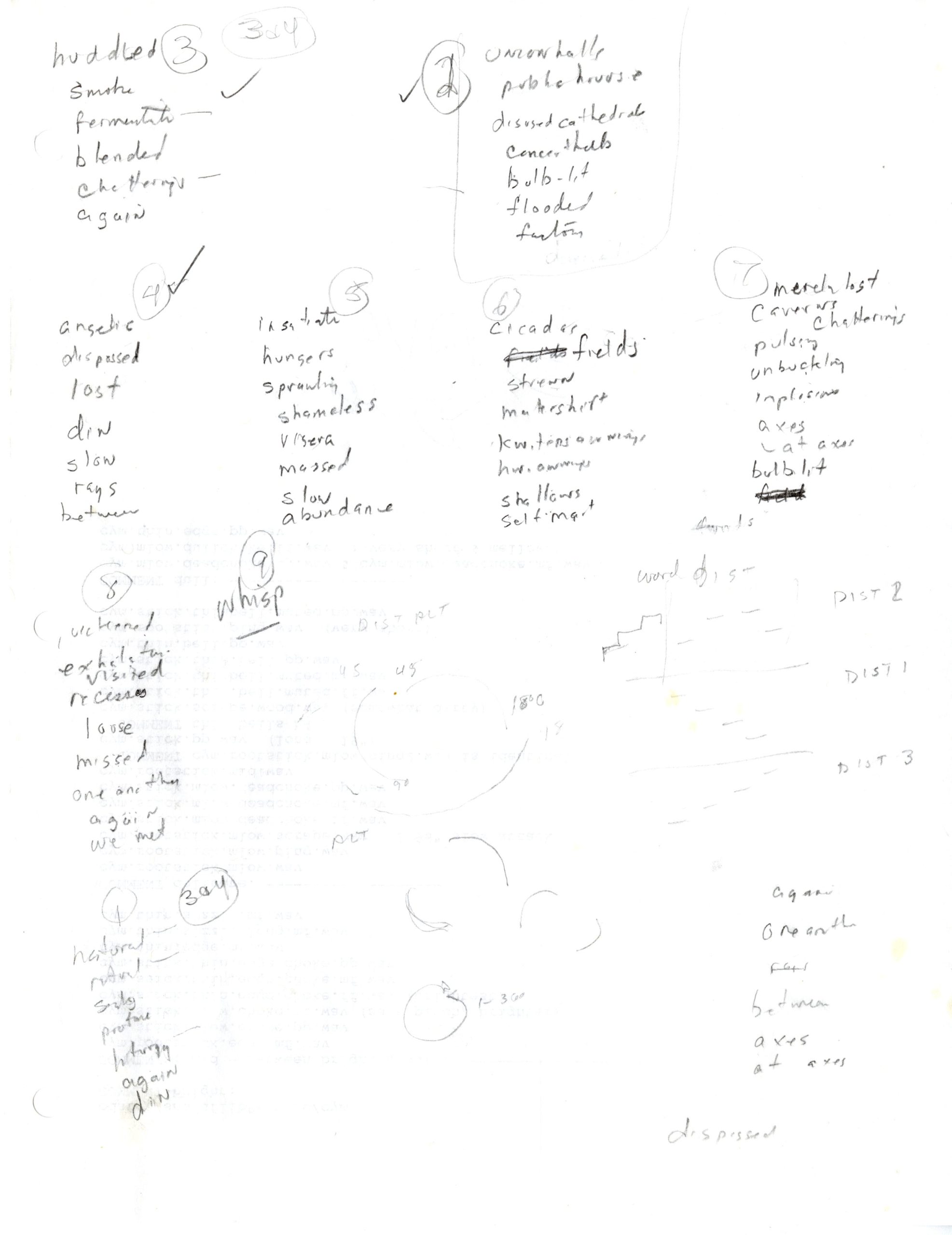 Diaspora, pencil list of key words in texts