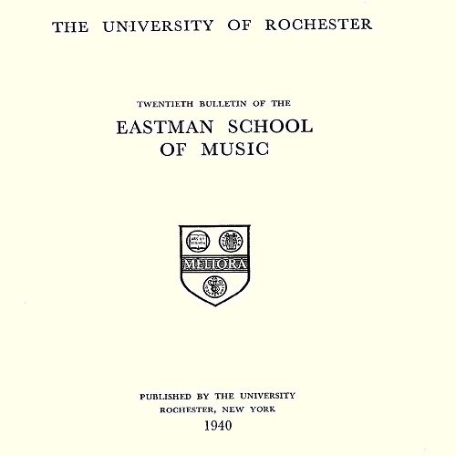 ESM Annual Catalogue 1940-41 cover Cover of the 1940 to 1941 annual bulletin of the Eastman School of Music, with the university's seal in the center.