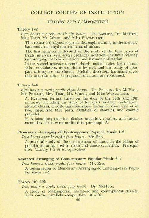 Mr. End’s courses in contemporary popular music arranging as listed in the Eastman School’s 1947-48 course catalogue.