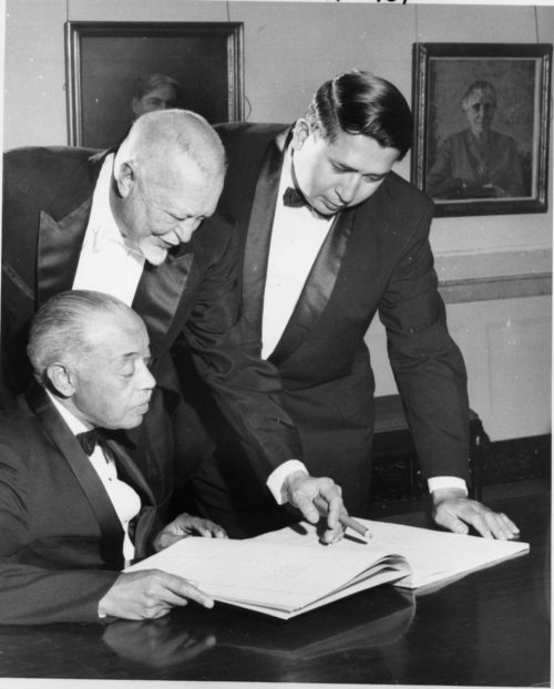 William Grant Still (seated) with fellow composers Howard Hanson (1896-1981) and Louis Ballard (1931-2007), photographed in later years at the Eastman School, most likely during the 1968 Festival of American Music, when Hanson conducted Mr. Still’s orchestral composition The Little Song That Wanted to be a Symphony. Photo lacking attribution. Eastman School Photo Archive.