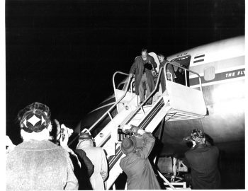 Members of the Eastman Philharmonia begin to de-plane from the KLM DC-8, led first of all by Dr. and Mrs. Hanson. Eastman School Photo Archive.