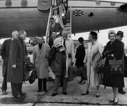 ESPA 8x10 6-32 Members of the Eastman Philharmonia, accompanied by their two conductors and chaperones, are here seen alighting from their jet on arrival at Lisbon.