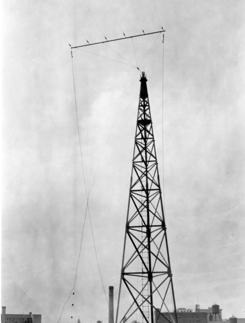 ESPA Album 1-43 Radio tower constructed on top of the Eastman School at the south end of the building, visible from East Avenue. It stood 52 feet tall.