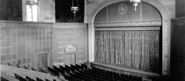 Black and white photo of Kilbourn Hall, viewed from the upper balcony (circa 1920s).
