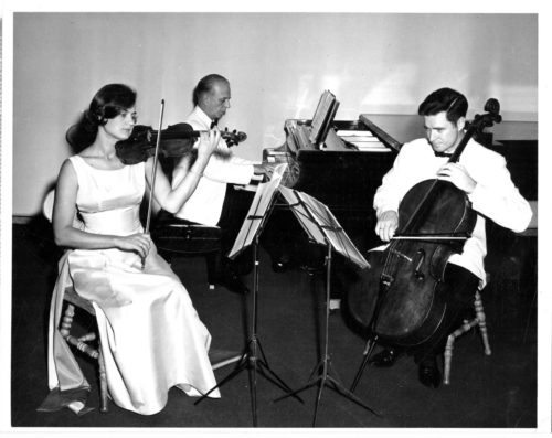 Echaniz scrapbook 7 Auzin Echaniz Leonard Mr. Echániz with his trio colleagues Norma Auzin and Ron Leonard. José Echániz Collection.