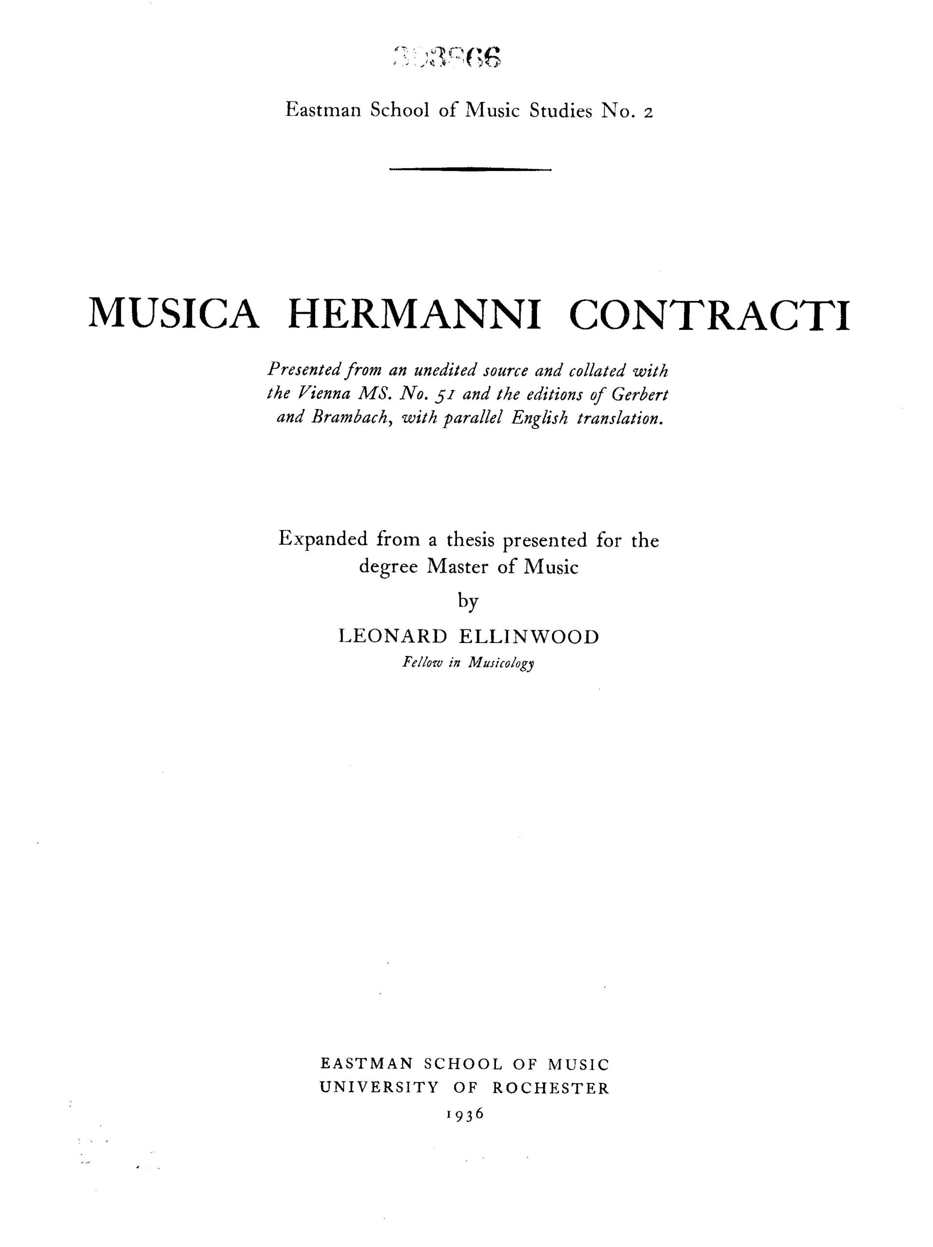 Ellinwood, Musica Hermanni Contracti, title page