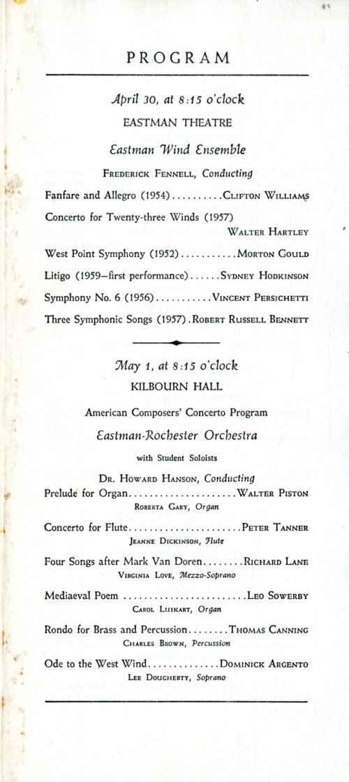 The entire programming for the 1959 Festival of American Music at the Eastman School.