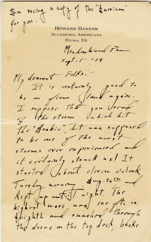 first page of HH letter to his parents, September 1, 1924, page 1