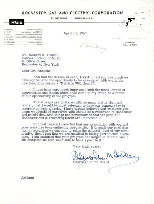 Letter of appreciation to Howard Hanson from Alexander M. Beebee, Chairman of the Board of RG&E. Howard Hanson Collection.