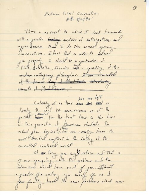  .JPG: Hanson 997.12, box 2-61, ink MS, page 1 (one .JPG) CAPTION: First page of Hanson’s handwritten draft; the line crossed out at the end of the first paragraph, citing Mark Twain, might have been an intriguing addition had he chosen to retain it.