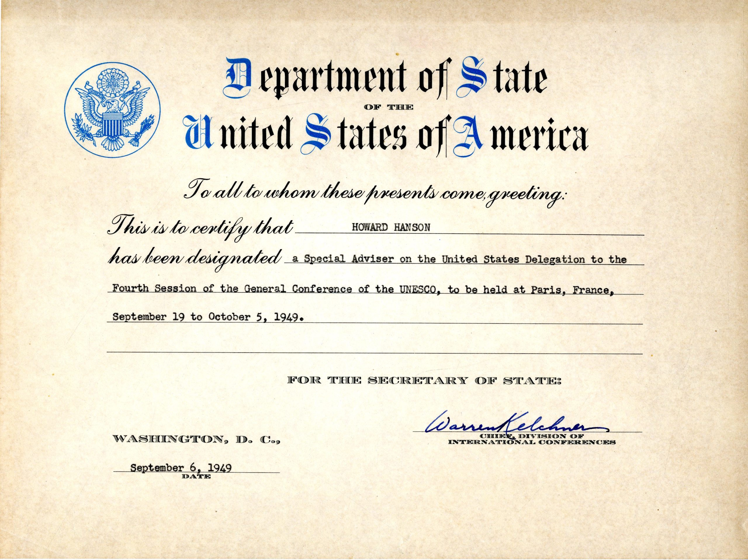 Hanson certificate September 1949