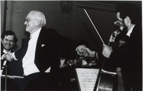 Husa accepting applause at the Prague premiere of Music for Prague 1968