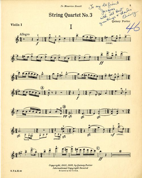 Violin part inscribed to Jacques Gordon by composer Quincy Porter. Jacques Gordon Collection.