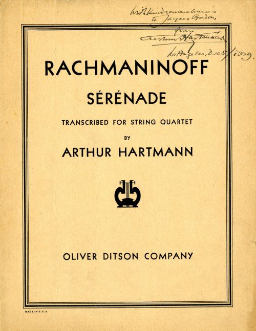 Presentation copy of score inscribed to Jacques Gordon by Arthur Hartmann. Jacques Gordon Collection.