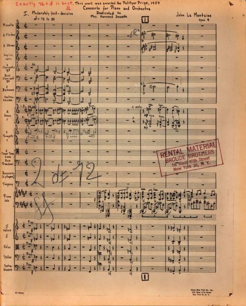 First page of music in the conductor’s score of the Concerto, opus 9. John La Montaine Collection.
