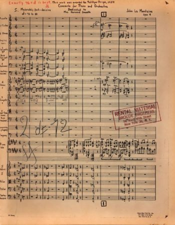 John La Montaine Concerto for Piano and Orchestra, Op. 9 Conductor's Score (Page 1) First page of music in the conductor’s score of the Concerto, opus 9. John La Montaine Collection.