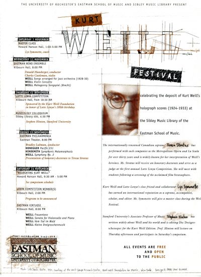 The Festival’s publicity brochure featured a photograph of Kurt Weill by Lotte Jacobi (Berlin, 1930). It was provided by courtesy of the Kurt Weill Foundation for Music (New York City).