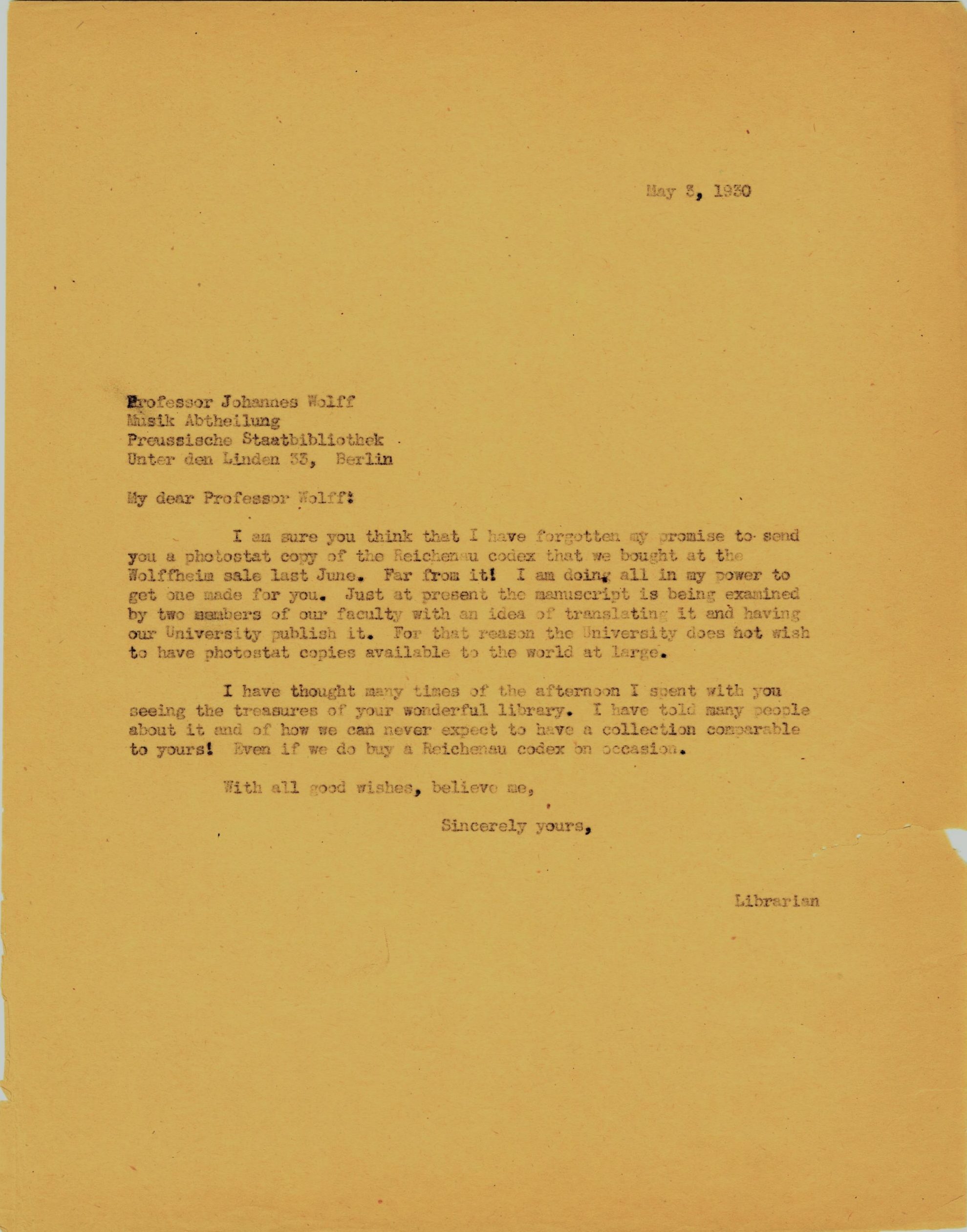 Letter from Barbara Duncan to Dr Wolf (May 1930)