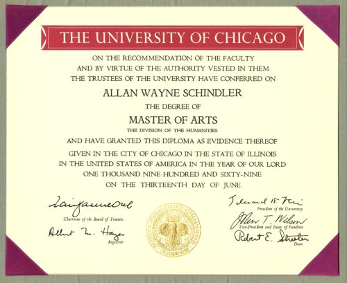 MA diploma, University of Chicago (June 1969)