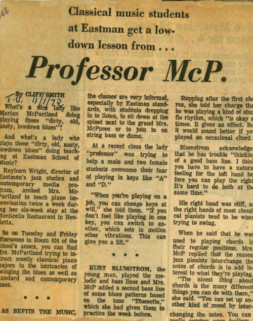 MMc article “Professor McP” printed in the Rochester Times-Union, November 1, 1972. Preserved at the Sibley Music Library in Rochester Scrapbook October/November 1972, page 142.