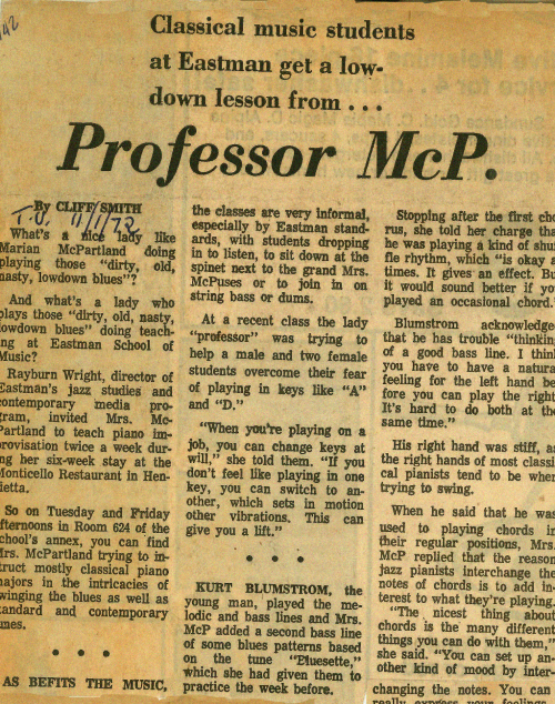 article “Professor McP” printed in the Rochester Times-Union, November 1, 1972. Preserved at the Sibley Music Library in Rochester Scrapbook October/November 1972, page 142.