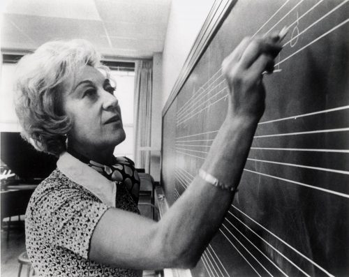 Marian McPartland writing out ideas on the chalkboard for students