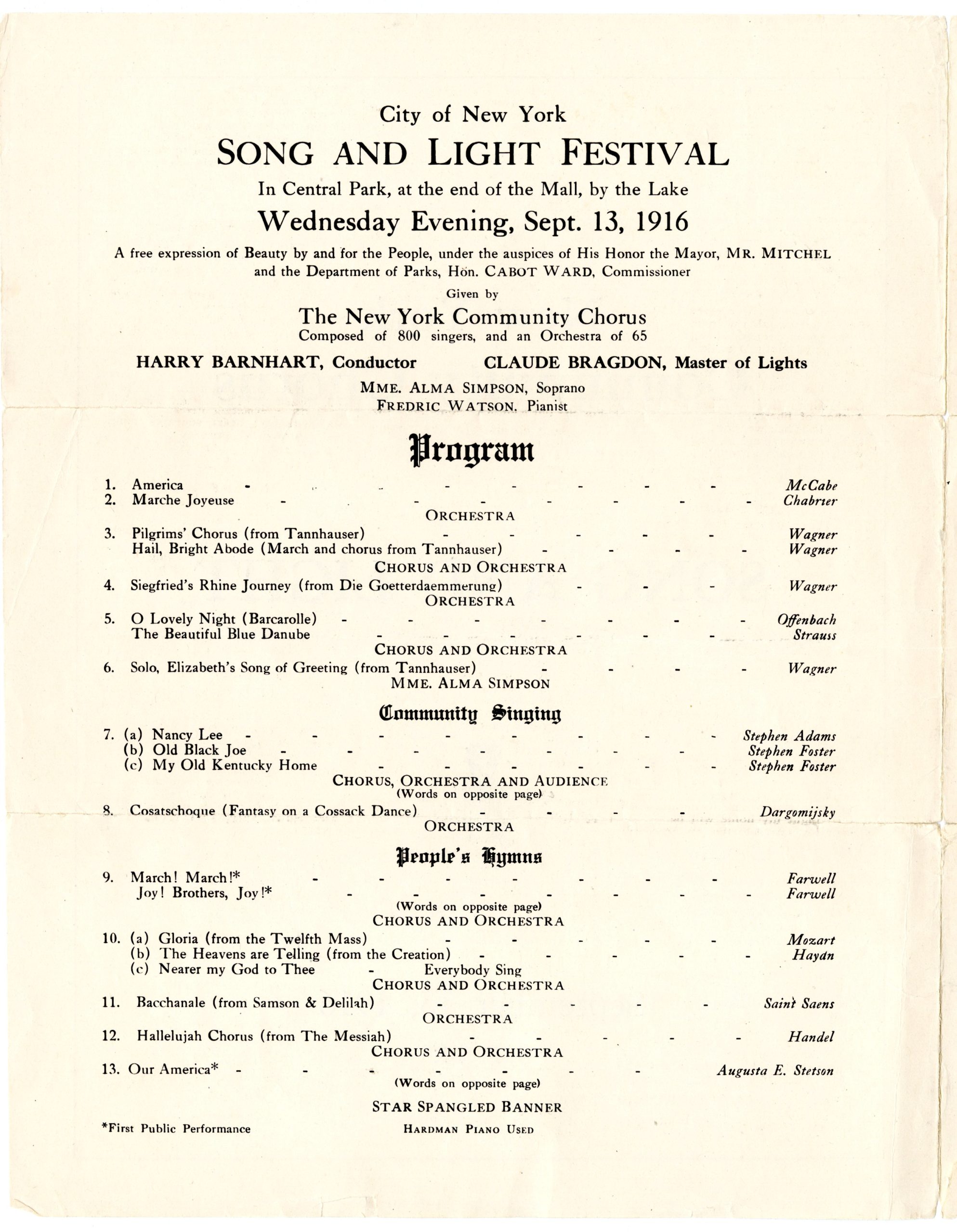 NYC Song and Light Festival program, program order.