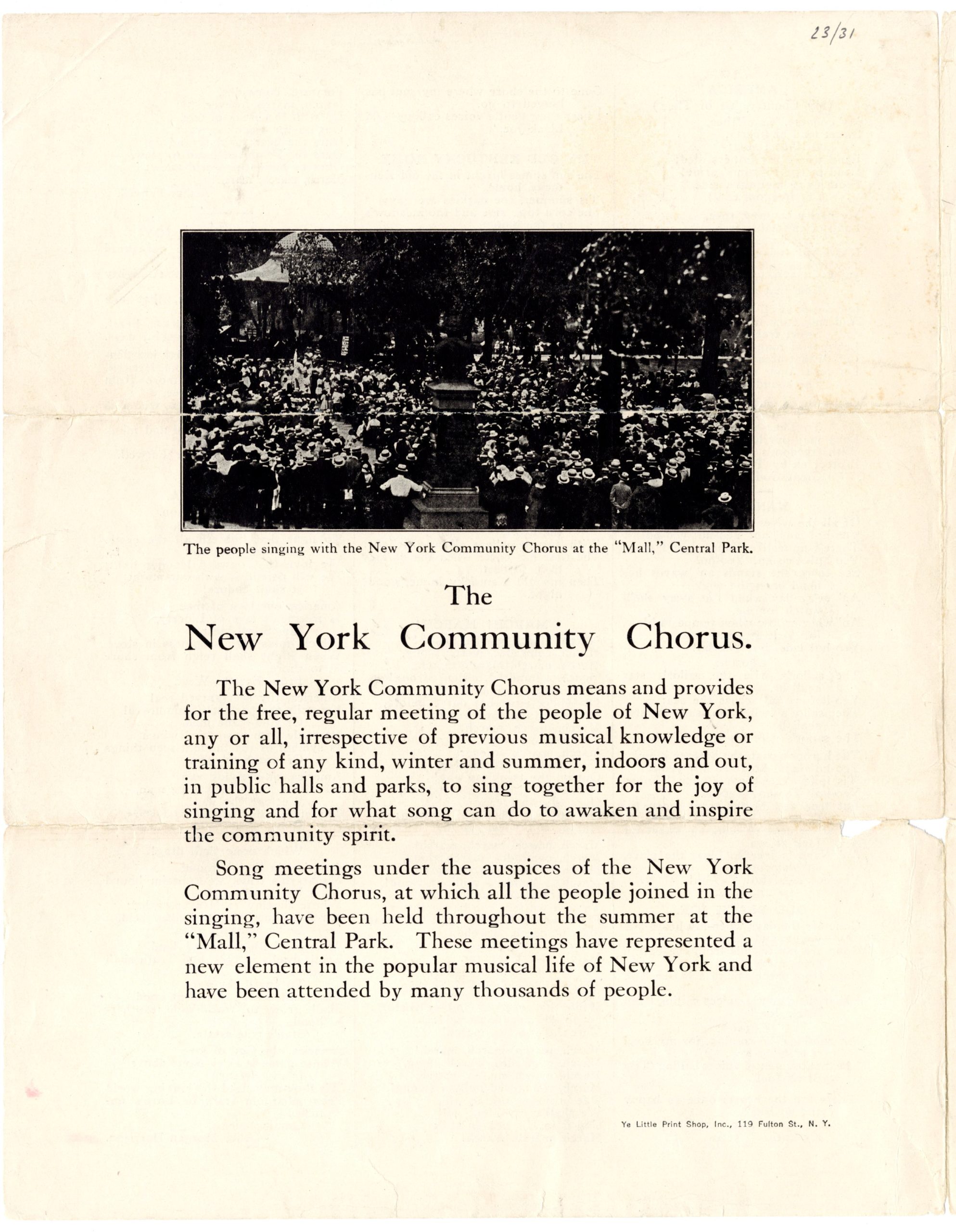Back cover of festival program, with information about the New York Community Chorus. Back cover of festival program, with information about the New York Community Chorus..