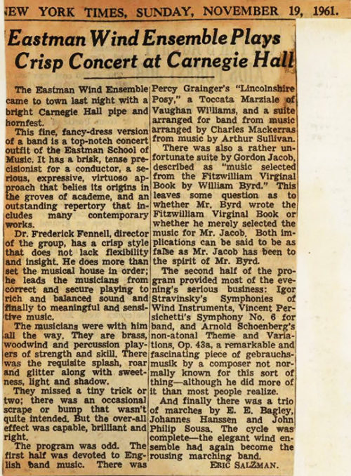 NYT review by Eric Salzman Concert review by Eric Saltz, published in The New York Times, November 19th, 1961. Rochester Scrapbook October-November-December 1961, page 90. Sibley Music Library.