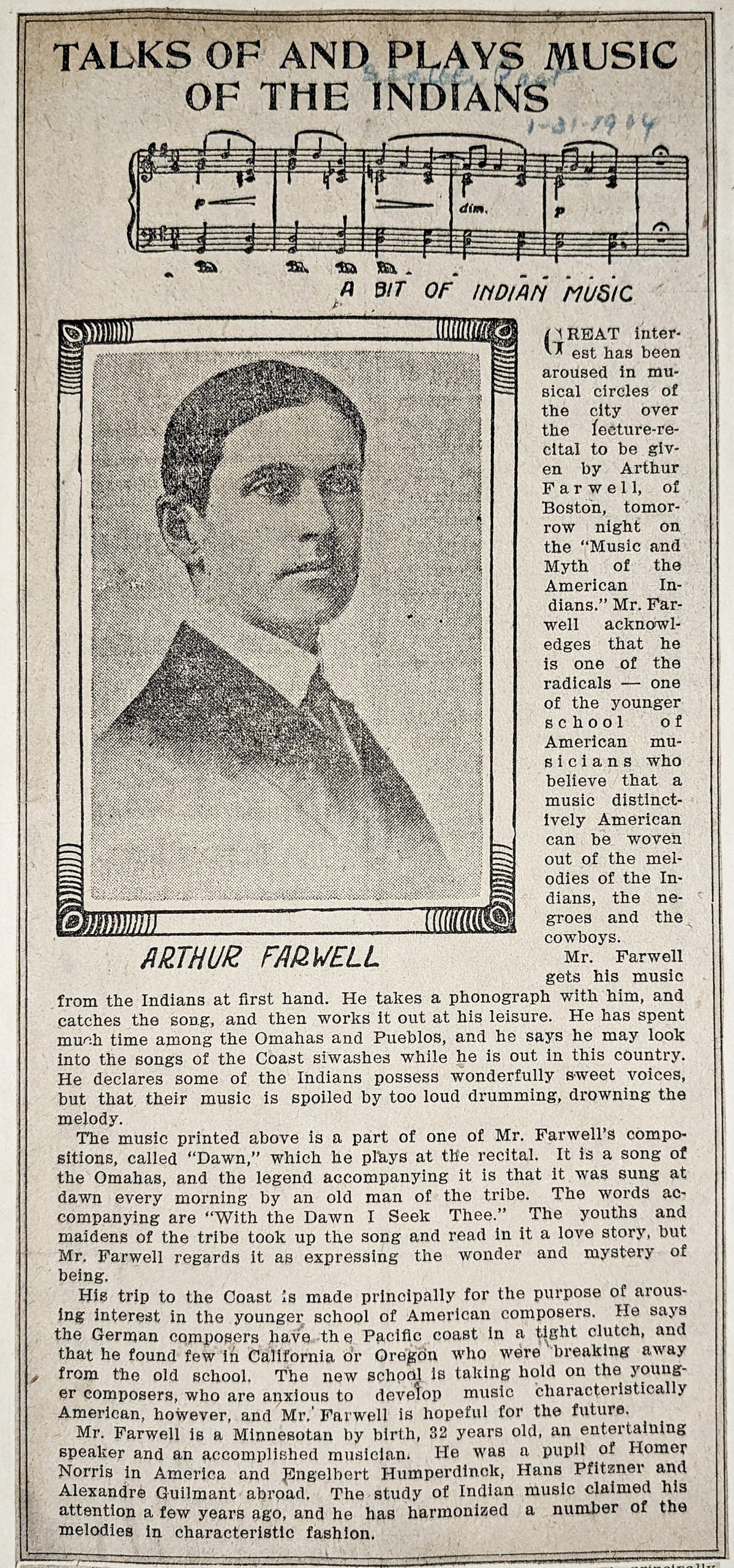 Newspaper article on Farwell lecture on Indian music 1904
