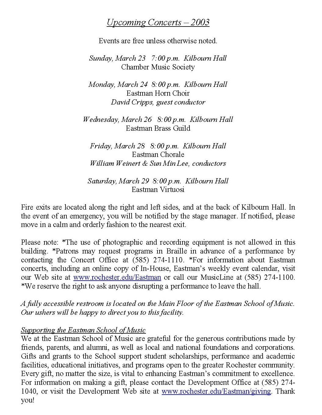 OSSIA concert program (March 21, 2003), back cover