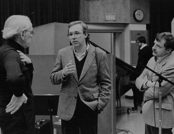Rayburn Wright, Eastman Jazz Ensemble director, conferring with French-Canadian film director Claude Fournier in Room 120 (today known as the Ray Wright Room). Louis Ouzer Archive