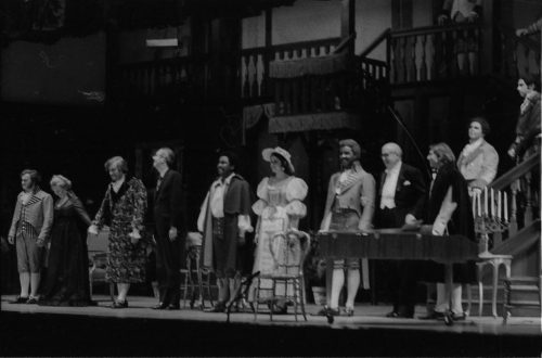 On December 18th, 1970, the cast’s principals are joined on-stage by director Leonard Treash (fourth from left) and conductor Edwin McArthur (fourth from right) as they acknowledge the audience applause in Kilbourn Hall.