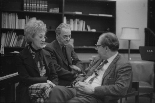 Marian McPartland and Eastman School Director Walter Hendl visit in the Director’s Studio, joined by composer-writer Alec Wilder.