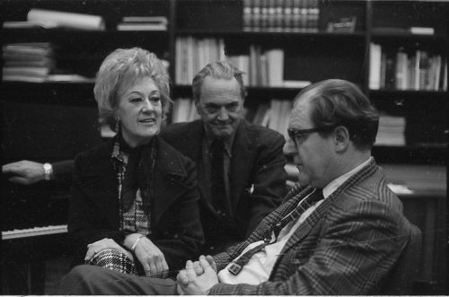Marian McPartland and Eastman School Director Walter Hendl visit in the Director’s Studio, joined by composer-writer Alec Wilder.