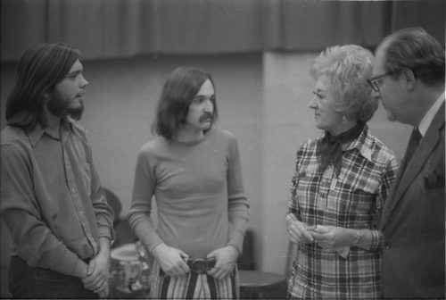 Marian McPartland with Walter Hendl in conversation with Professor Donald Hunsberger and with two Eastman School students