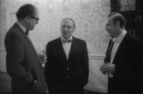 R1303-20A Professor Warren Benson and members of the Eastman Quartet with guests and colleagues at the reception hosted by Mr. and Mrs. Walter Hendl at Hutchison House following the concert.