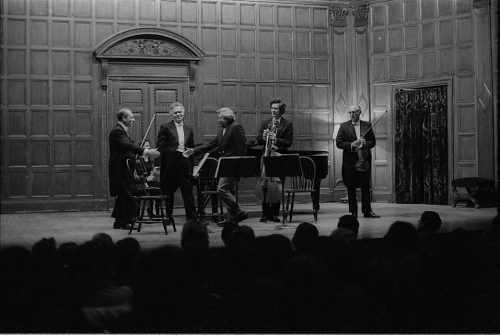 Professor Warren Benson and the members of the Eastman Quartet acknowledge applause on-stage in Kilbourn Hall following the performance of Capriccio.