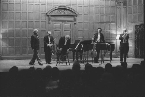 R1304-11 Professor Warren Benson and the members of the Eastman Quartet acknowledge applause on-stage in Kilbourn Hall following the performance of Capriccio.