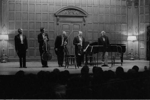 R1304-12 Professor Warren Benson and the members of the Eastman Quartet acknowledge applause on-stage in Kilbourn Hall following the performance of Capriccio.