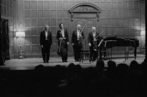 R1304-14 Professor Warren Benson and the members of the Eastman Quartet acknowledge applause on-stage in Kilbourn Hall following the performance of Capriccio.
