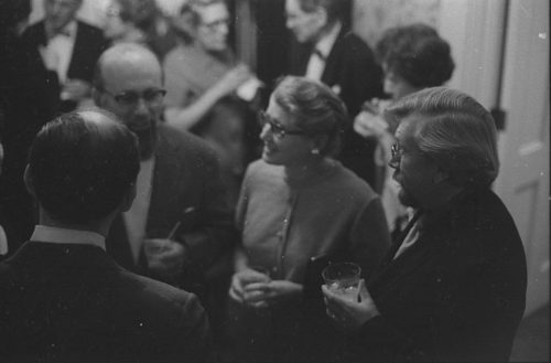 R1304-26 Professor Warren Benson and members of the Eastman Quartet with guests and colleagues at the reception hosted by Mr. and Mrs. Walter Hendl at Hutchison House following the concert.