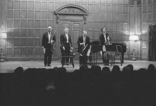 R1304-6 Professor Warren Benson and the members of the Eastman Quartet acknowledge applause on-stage in Kilbourn Hall following the performance of Capriccio.
