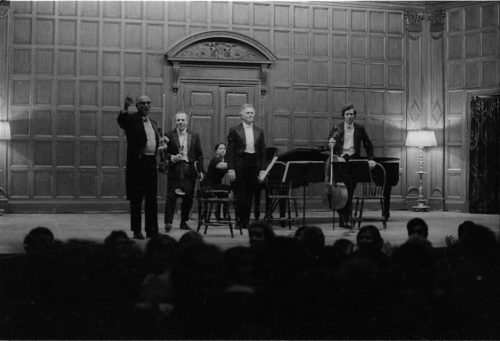 R1304-8 Professor Warren Benson and the members of the Eastman Quartet acknowledge applause on-stage in Kilbourn Hall following the performance of Capriccio.