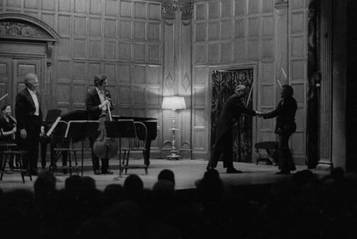 R1304-9 Professor Warren Benson and the members of the Eastman Quartet acknowledge applause on-stage in Kilbourn Hall following the performance of Capriccio.