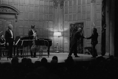 Professor Warren Benson and the members of the Eastman Quartet acknowledge applause on-stage in Kilbourn Hall following the performance of Capriccio.