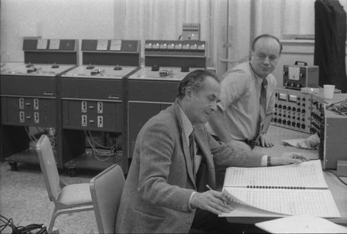 R1306-9 Recording personnel are in place to record the Eastman Philharmonia concert at Lake Avenue Baptist Church. Numerous Eastman School performances took place in off-site venues during the year 1971 when the Eastman Theater was undergoing renovations, and suitable arrangements were often made to support off-site audio capture.