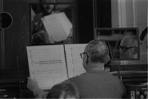 R1309-2A A close-up of Professor David Craighead at the organ console during a rehearsal in Lake Avenue Baptist Church.